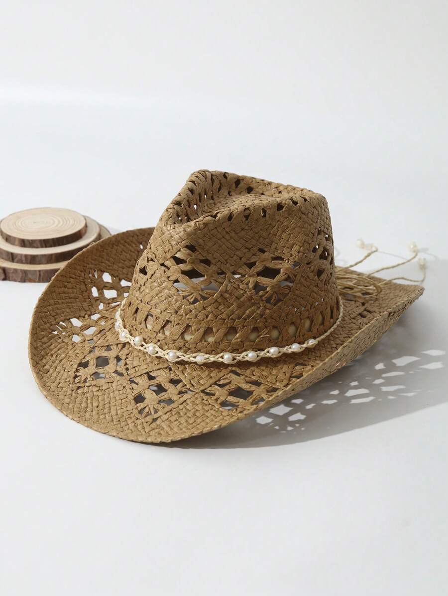 Cowboy Hat Straw - Unisex Straw Cowboy Hat With Pearl